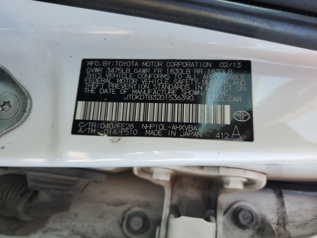 2013 Toyota Prius C VIN: JTDKDTB32D1536390 Lot: 81146615