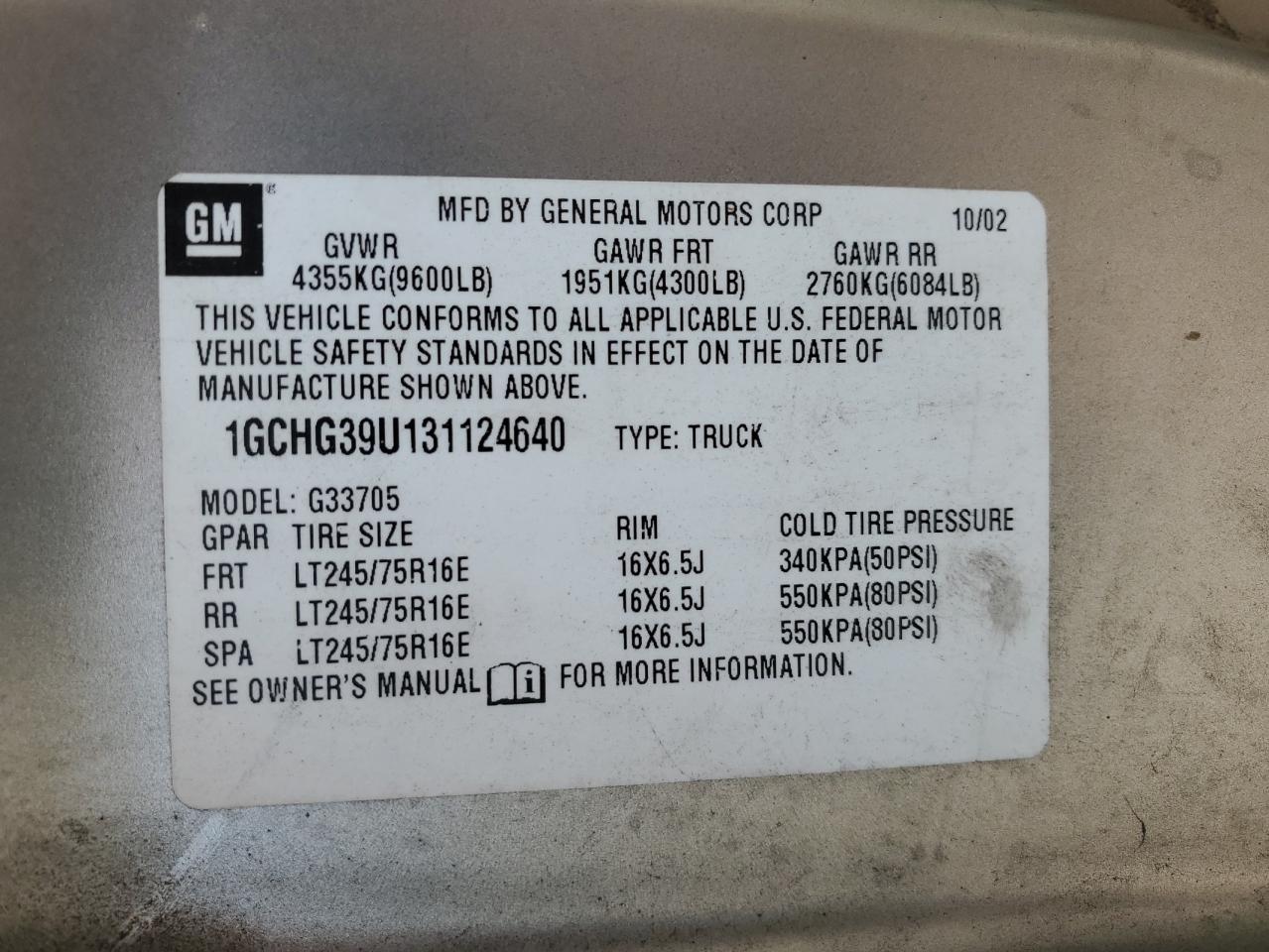 2003 Chevrolet Express G3500 VIN: 1GCHG39U131124640 Lot: 71064565