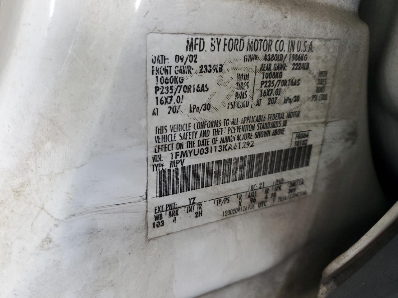 2003 Ford Escape Xlt VIN: 1FMYU03113KA61292 Lot: 81870115