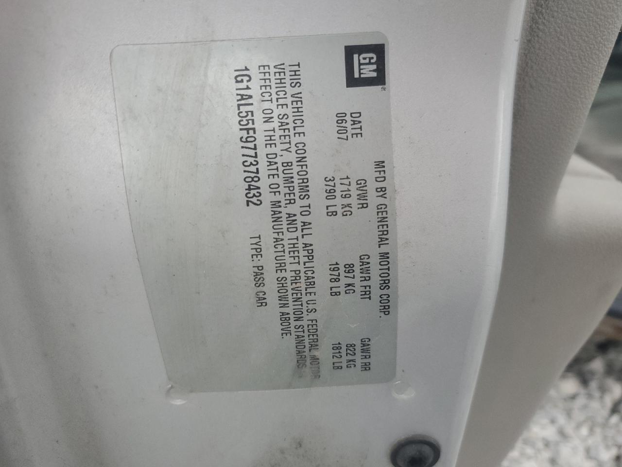 2007 Chevrolet Cobalt Lt VIN: 1G1AL55F977378432 Lot: 71312965