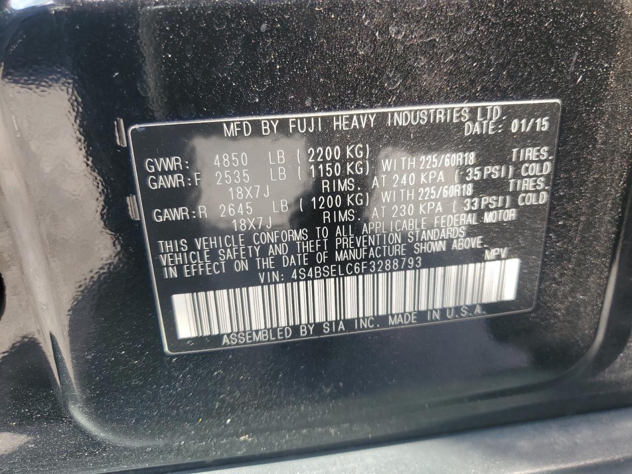 2015 Subaru Outback 3.6R Limited VIN: 4S4BSELC6F3288793 Lot: 80107125