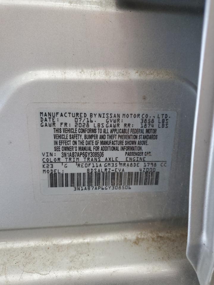 2016 Nissan Sentra S VIN: 3N1AB7AP6GY308506 Lot: 70865315