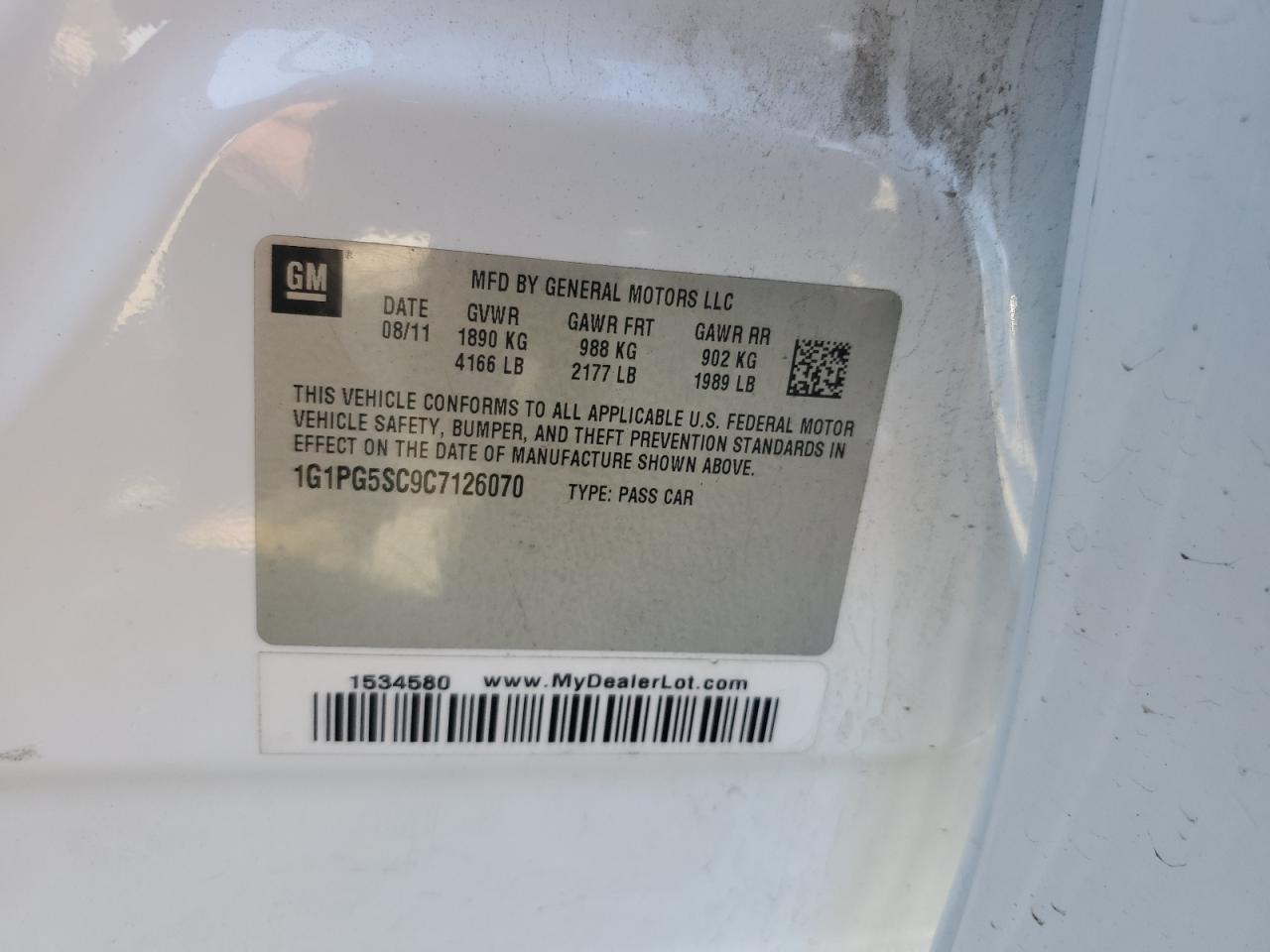 2012 Chevrolet Cruze Lt VIN: 1G1PG5SC9C7126070 Lot: 71990175