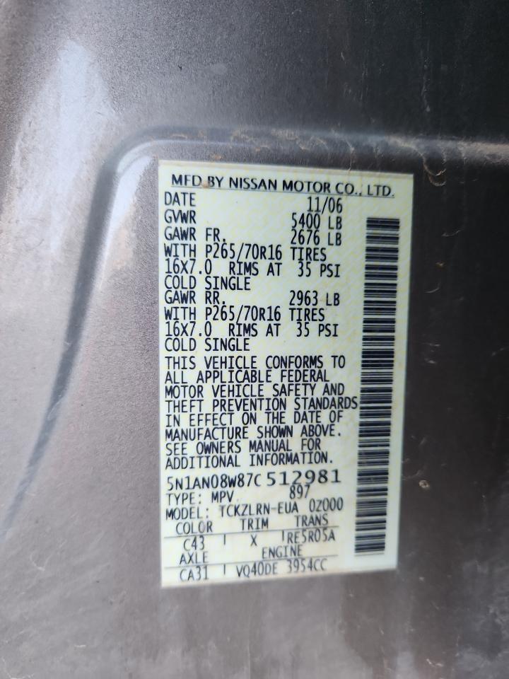 2007 Nissan Xterra Off Road VIN: 5N1AN08W87C512981 Lot: 80718325