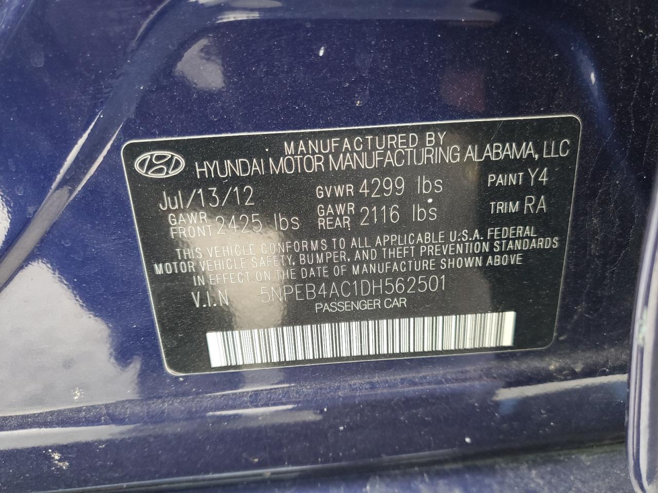 2013 Hyundai Sonata Gls VIN: 5NPEB4AC1DH562501 Lot: 81850575