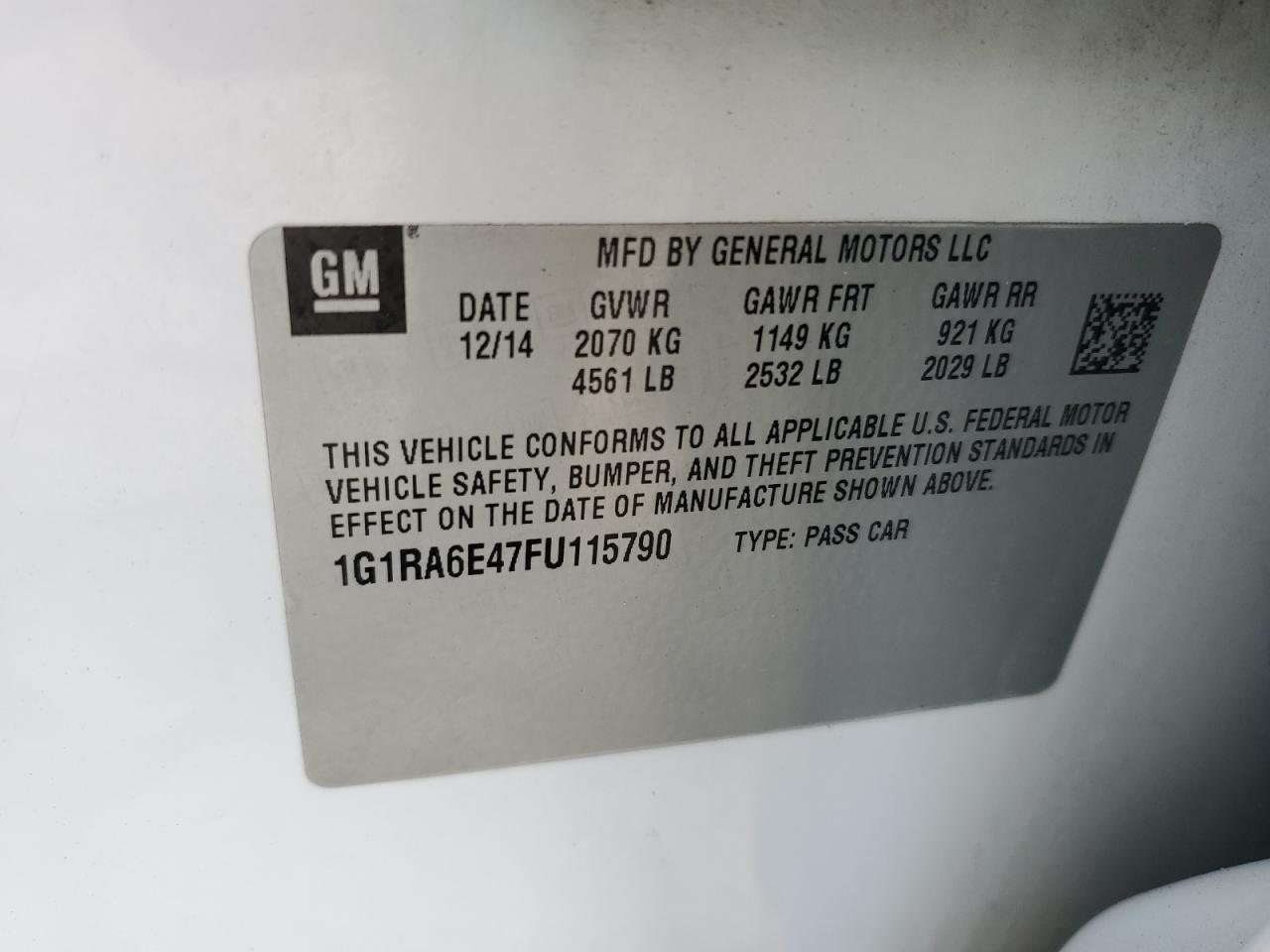 2015 Chevrolet Volt VIN: 1G1RA6E47FU115790 Lot: 84013075