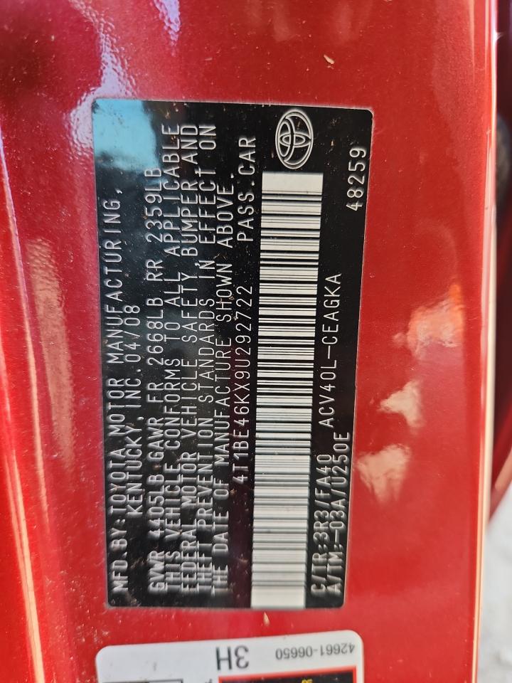2009 Toyota Camry Base VIN: 4T1BE46KX9U292722 Lot: 81397525