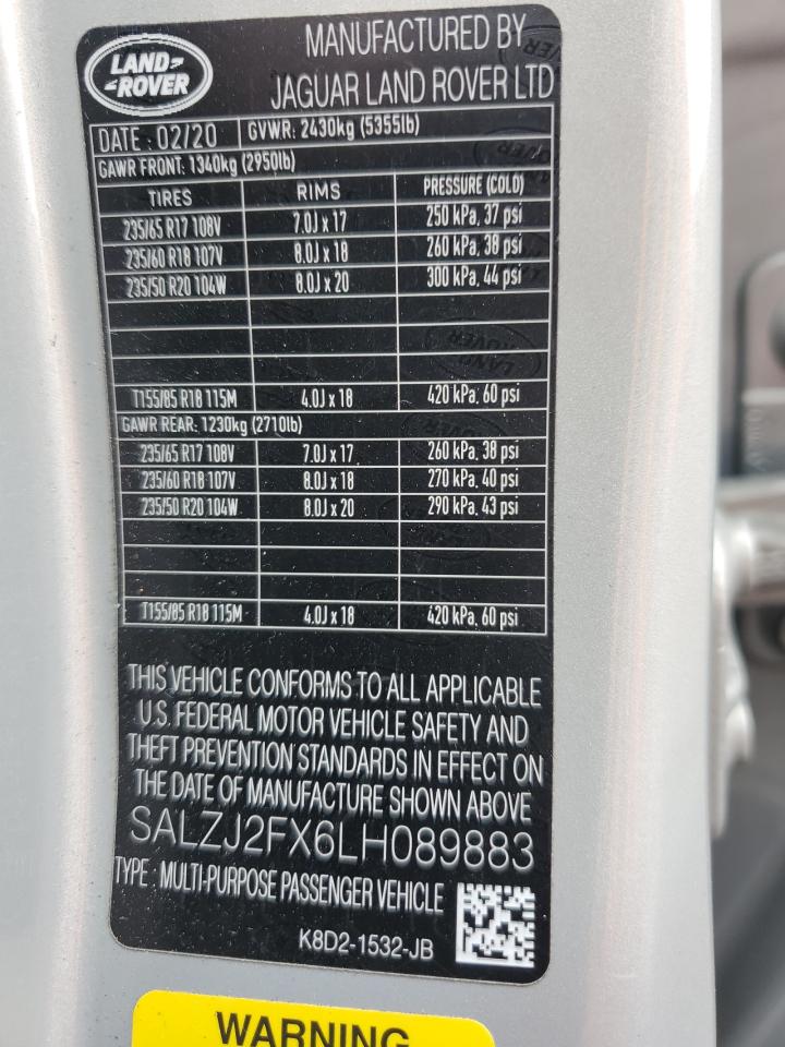 2020 Land Rover Range Rover Evoque S VIN: SALZJ2FX6LH089883 Lot: 81488665