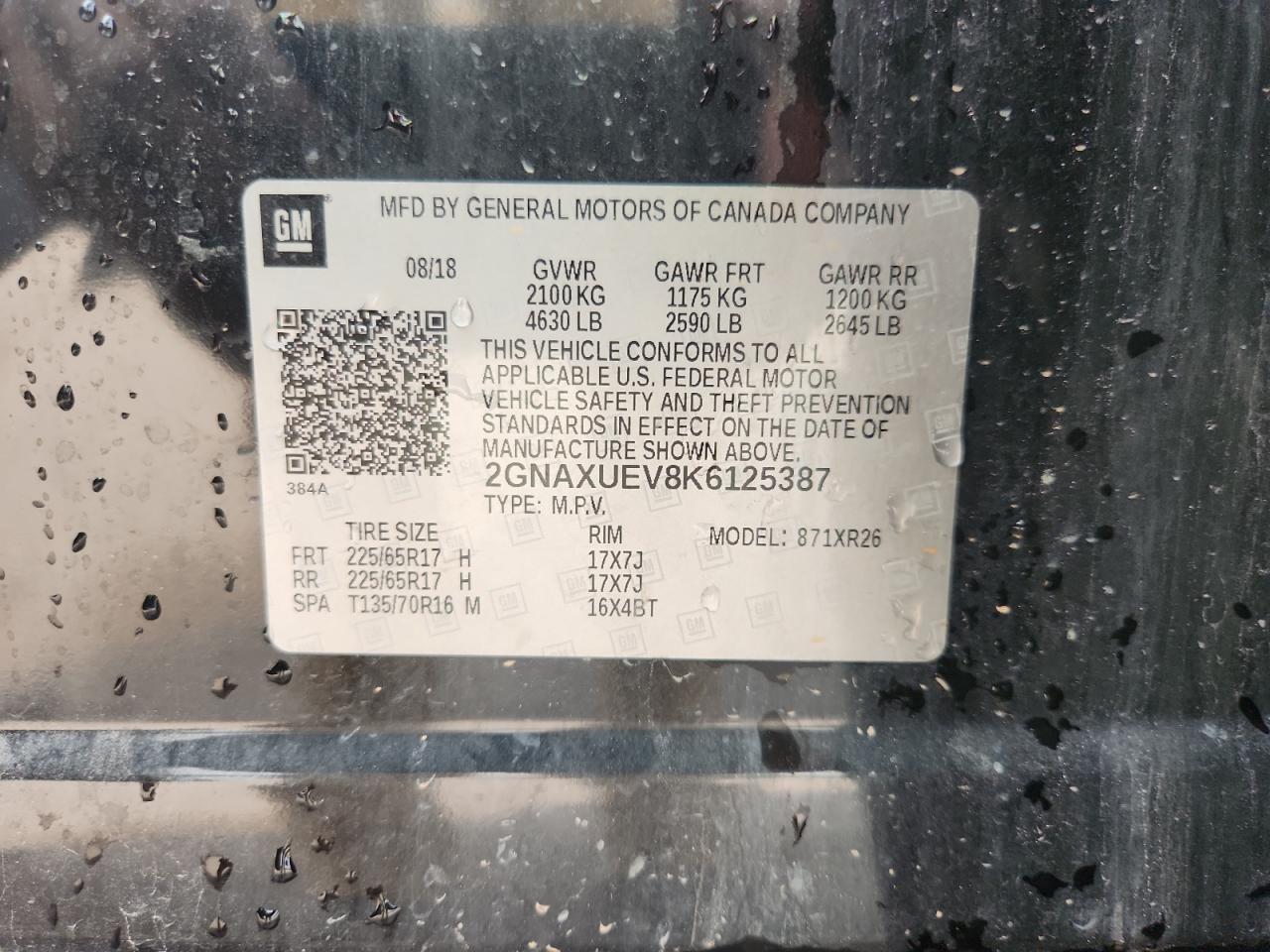 2019 Chevrolet Equinox Lt VIN: 2GNAXUEV8K6125387 Lot: 71876955