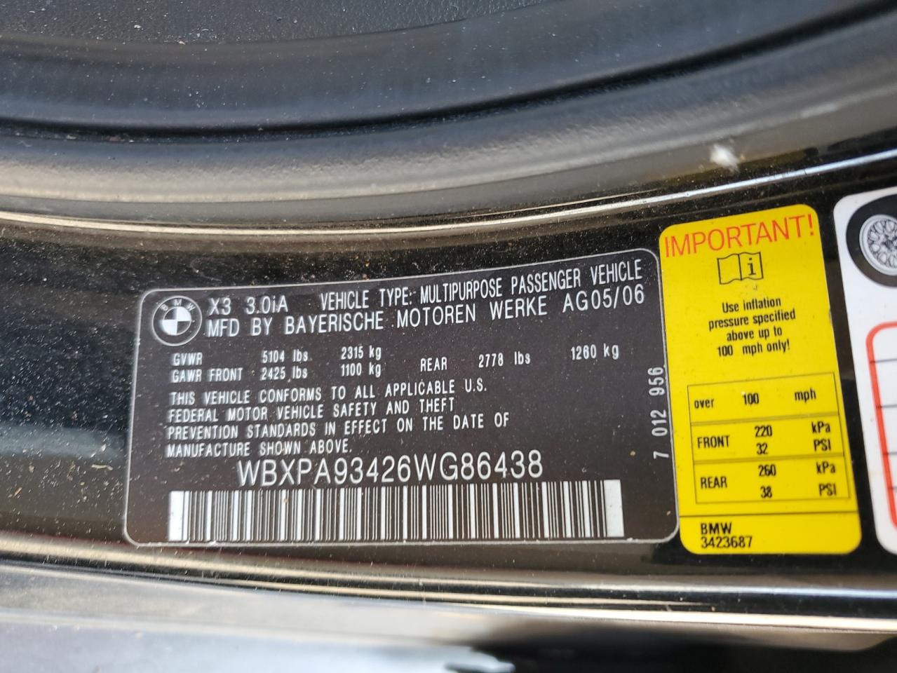 2006 BMW X3 3.0I VIN: WBXPA93426WG86438 Lot: 70871605