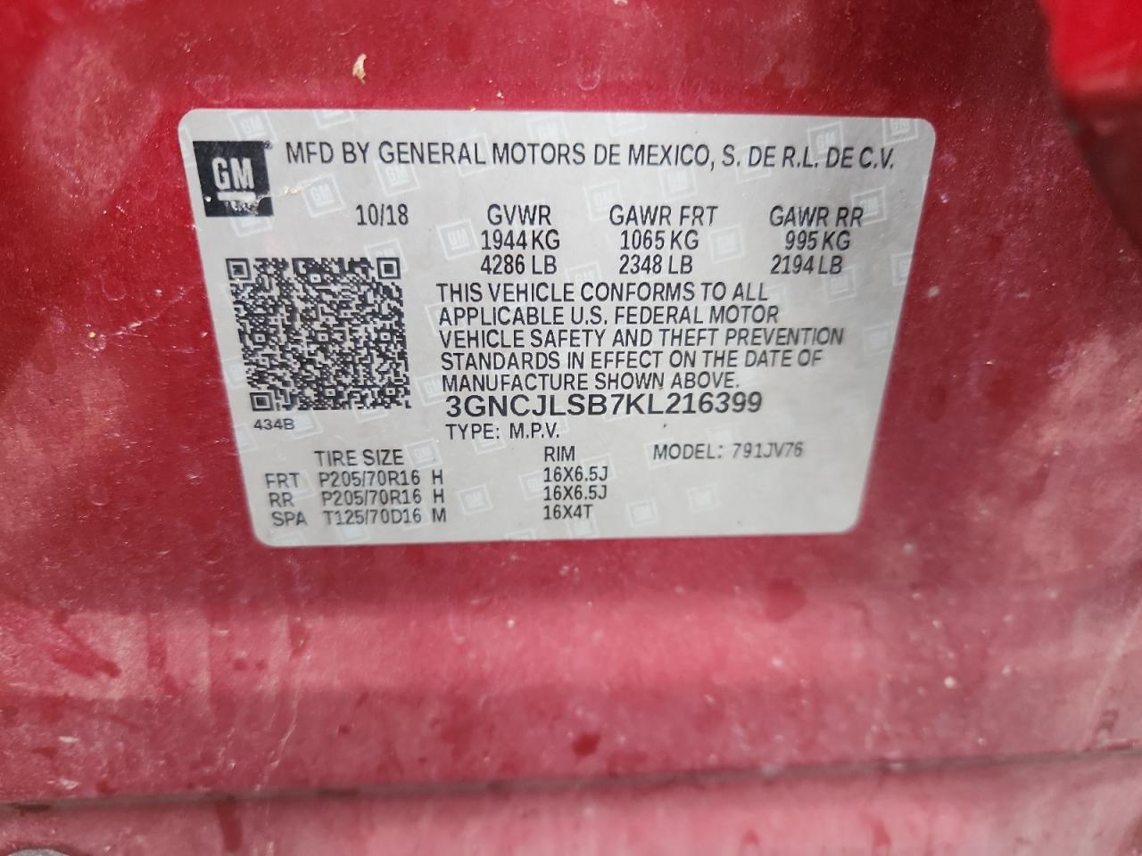 2019 Chevrolet Trax 1Lt VIN: 3GNCJLSB7KL216399 Lot: 81724375