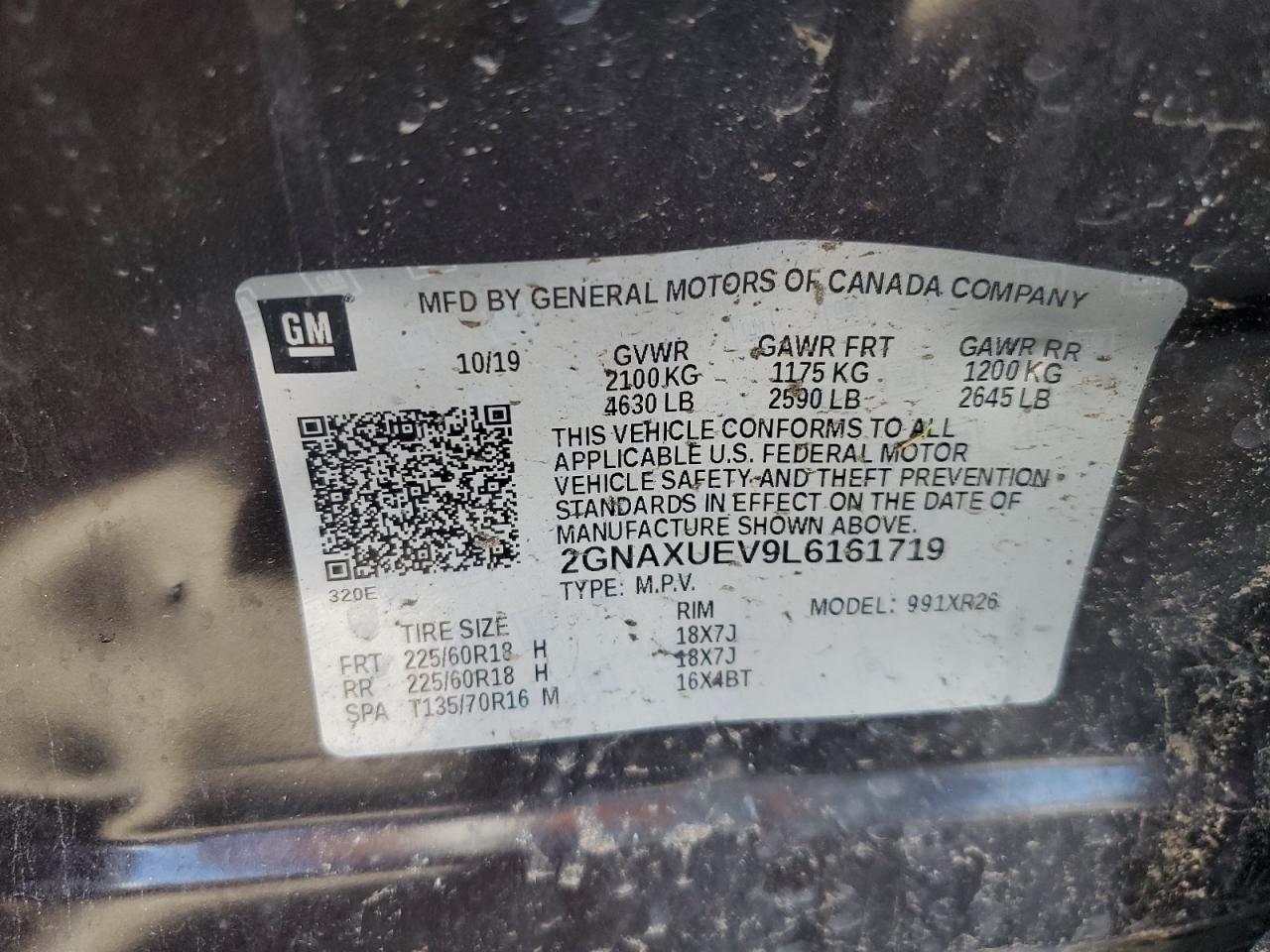 2020 Chevrolet Equinox Lt VIN: 2GNAXUEV9L6161719 Lot: 84024735