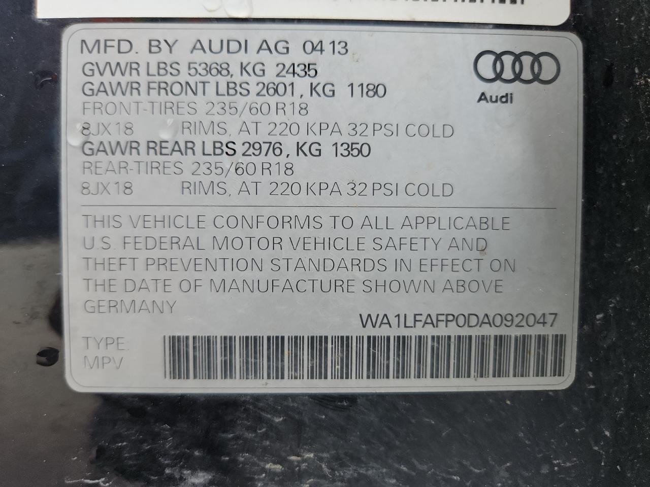 2013 Audi Q5 Premium Plus VIN: WA1LFAFP0DA092047 Lot: 80393435