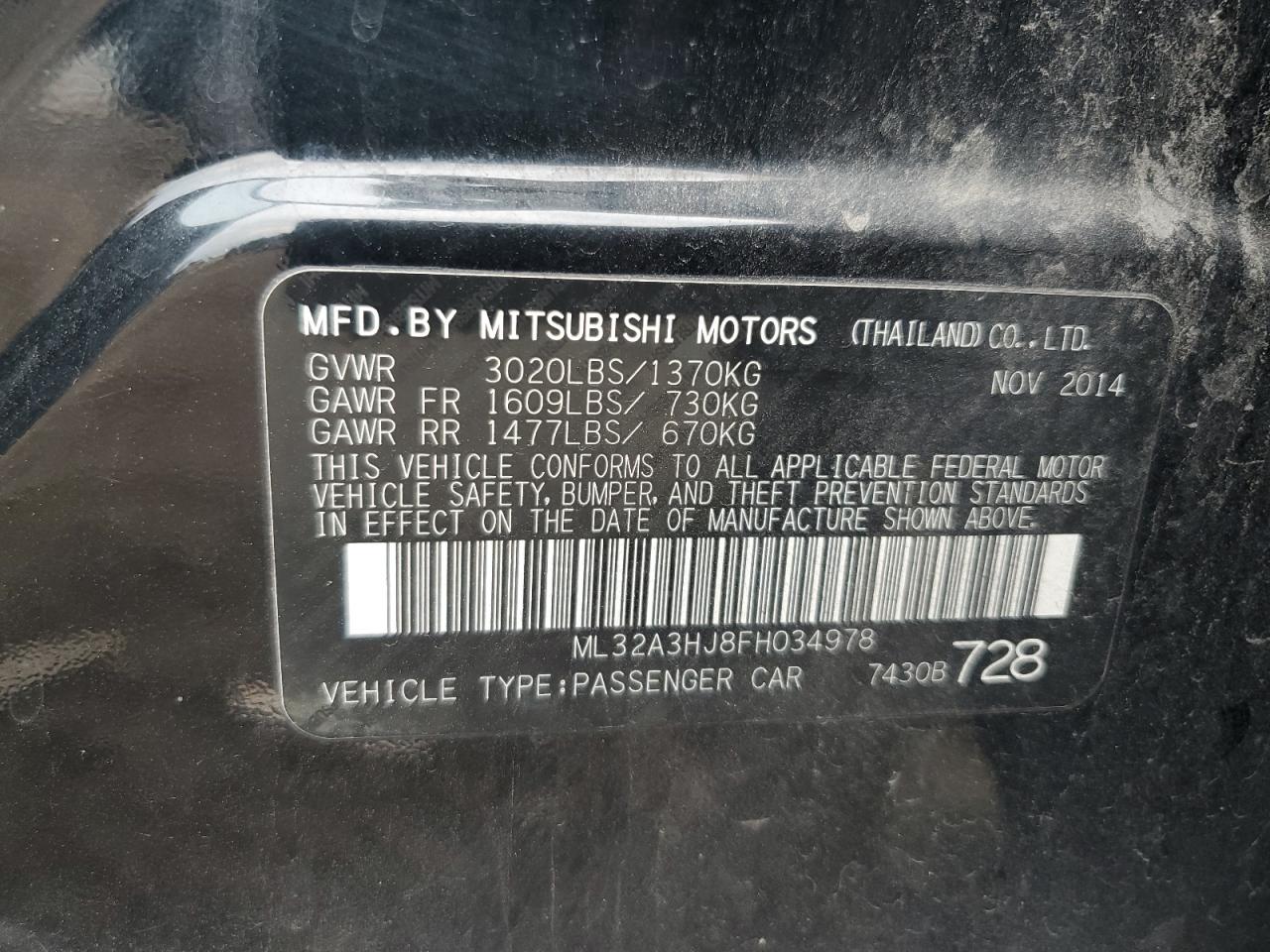 2015 Mitsubishi Mirage De VIN: ML32A3HJ8FH034978 Lot: 82148345