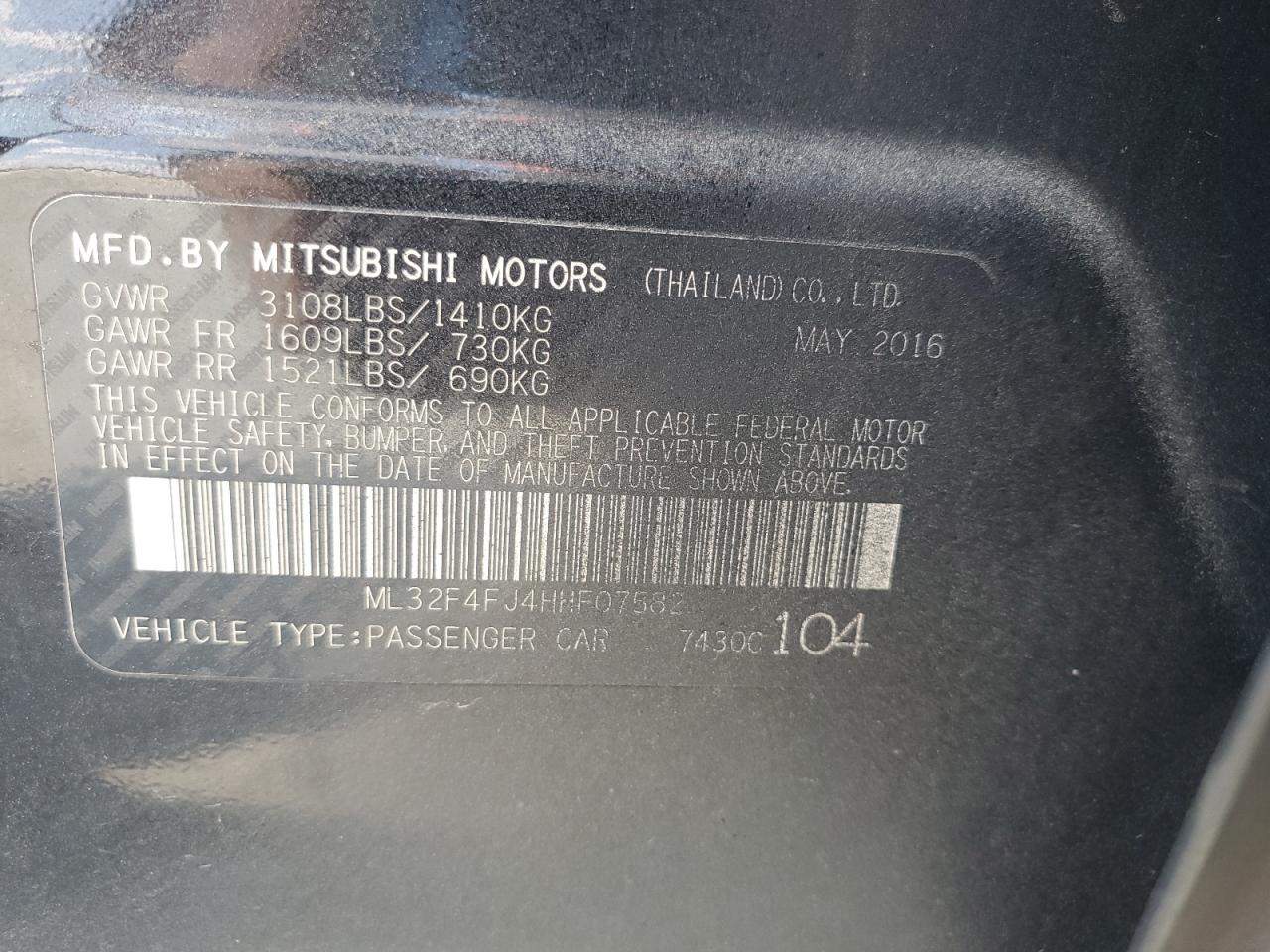 2017 Mitsubishi Mirage G4 Se VIN: ML32F4FJ4HHF07582 Lot: 71365895