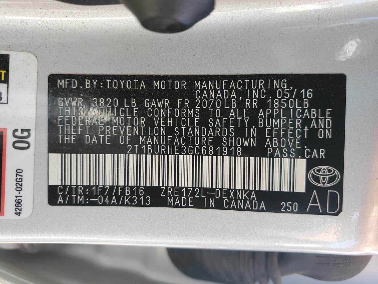 2016 Toyota Corolla L VIN: 2T1BURHE3GC681918 Lot: 81646655