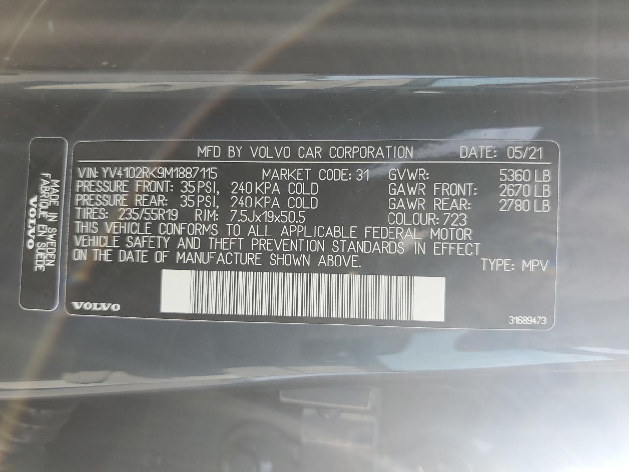 2021 Volvo Xc60 T5 Momentum VIN: YV4102RK9M1887115 Lot: 80465795