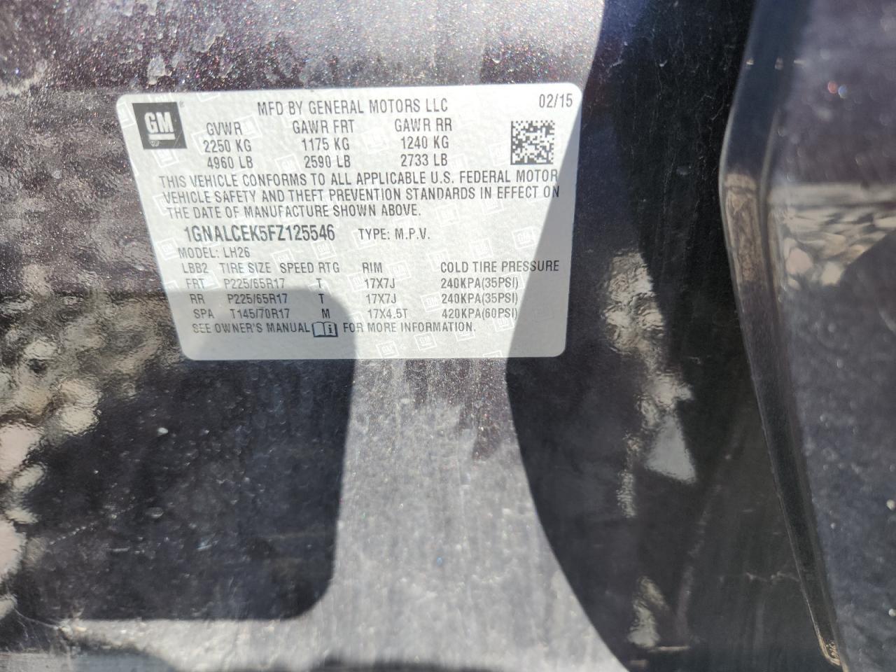 2015 Chevrolet Equinox Lt VIN: 1GNALCEK5FZ125546 Lot: 80031525