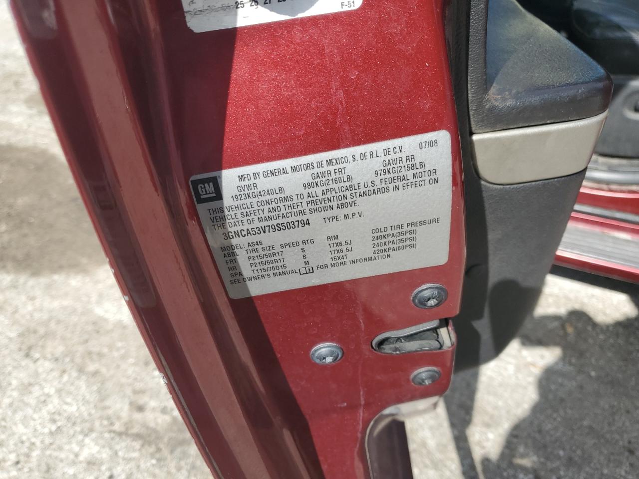 2009 Chevrolet Hhr Lt VIN: 3GNCA53V79S503794 Lot: 81801865