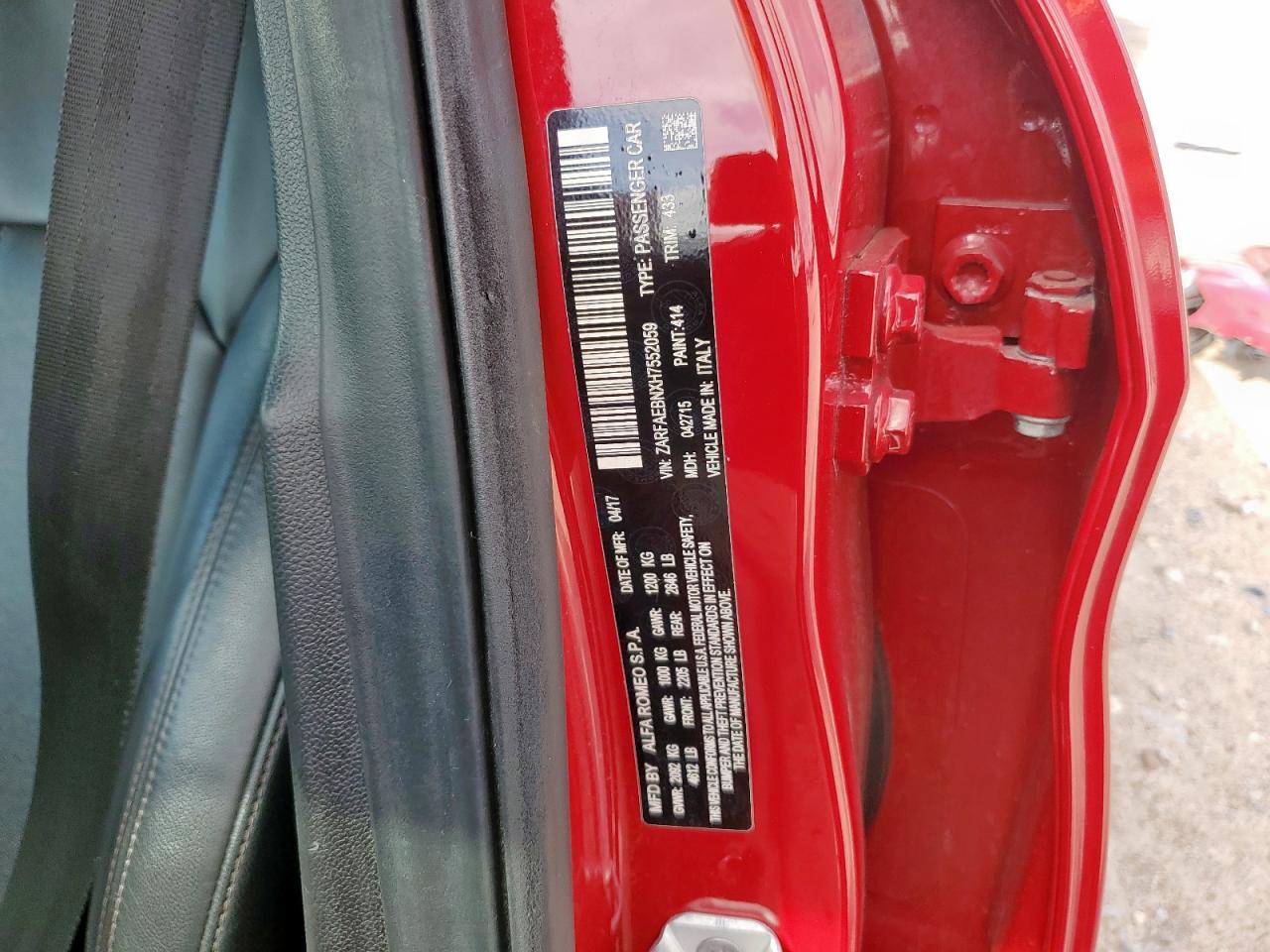 2017 Alfa Romeo Giulia VIN: ZARFAEBNXH7552059 Lot: 82107715