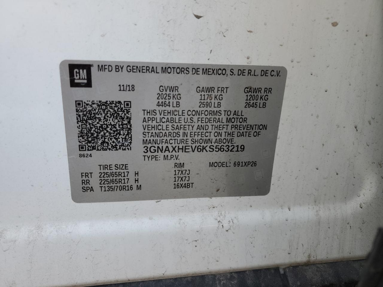 2019 Chevrolet Equinox Ls VIN: 3GNAXHEV6KS563219 Lot: 71130795