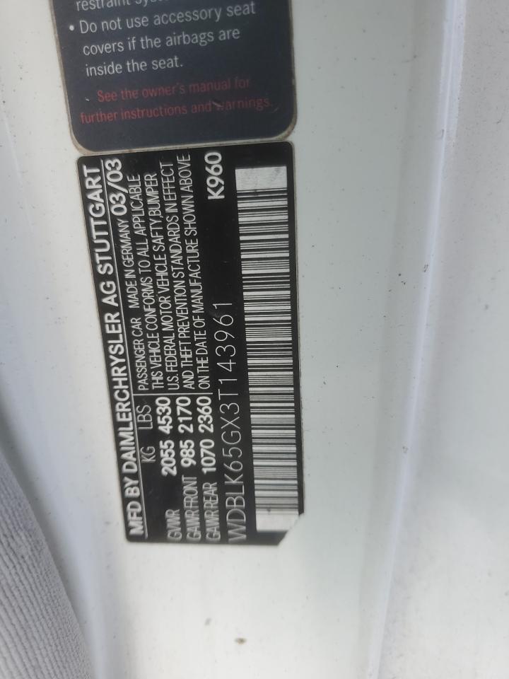 2003 Mercedes-Benz Clk 320 VIN: WDBLK65GX3T143961 Lot: 71057875