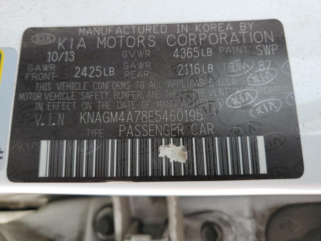 2014 Kia Optima Lx VIN: KNAGM4A78E5460195 Lot: 81056295