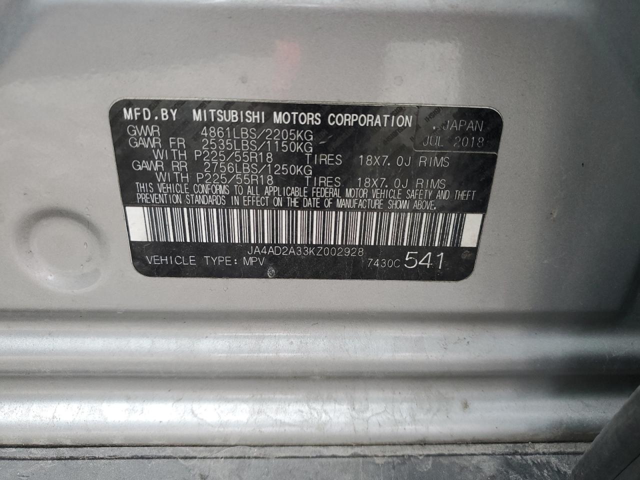 2019 Mitsubishi Outlander Es VIN: JA4AD2A33KZ002928 Lot: 81854095