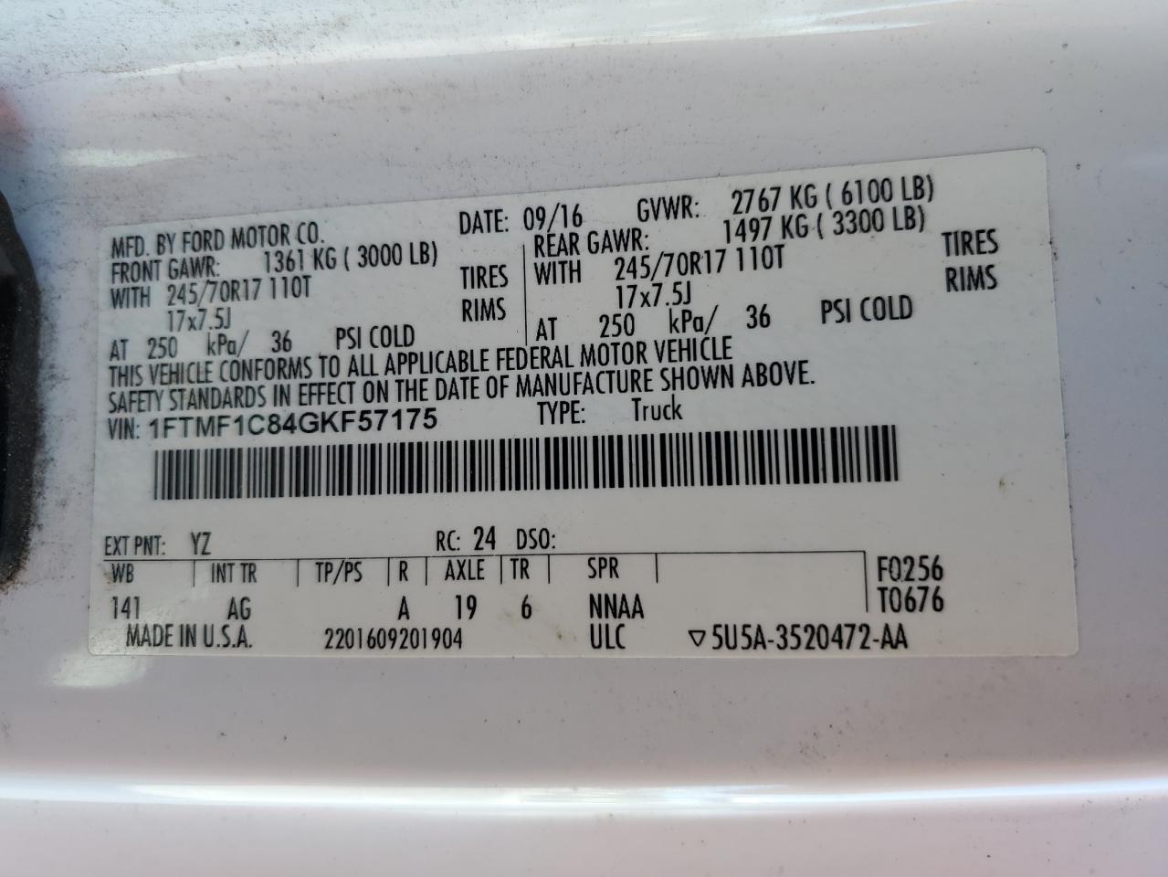 2016 Ford F150 VIN: 1FTMF1C84GKF57175 Lot: 81583335