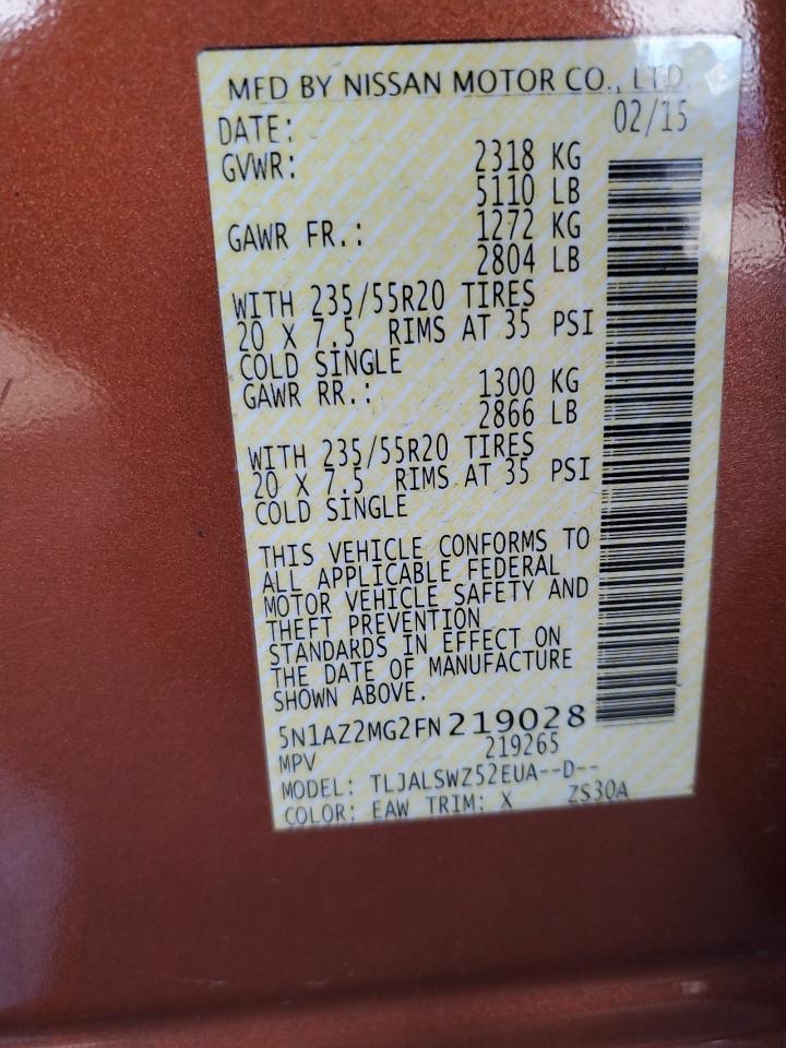 2015 Nissan Murano S VIN: 5N1AZ2MG2FN219028 Lot: 80925565