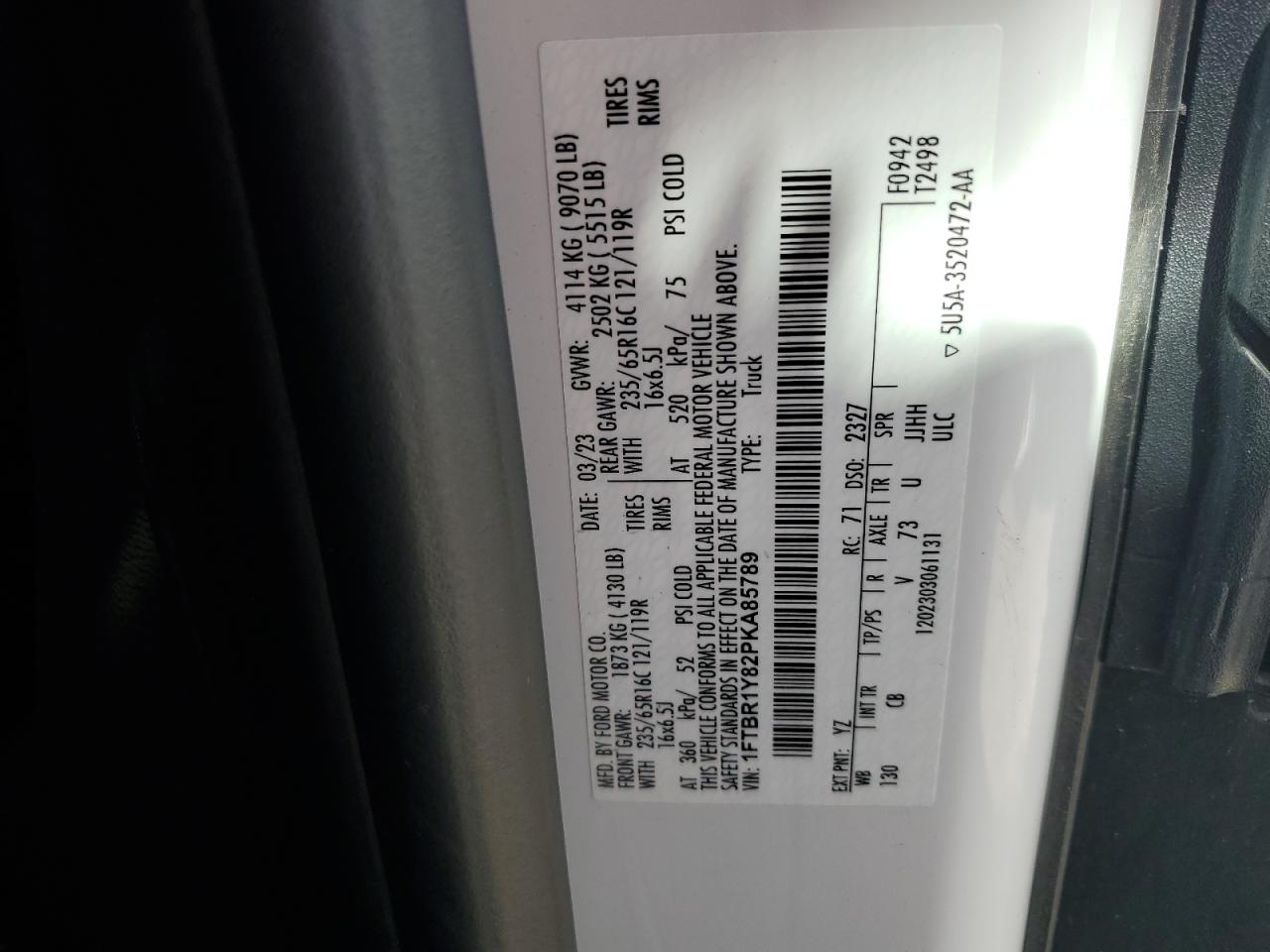 2023 Ford Transit T-250 VIN: 1FTBR1Y82PKA85789 Lot: 83964565