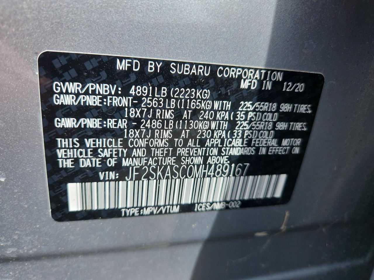 2021 Subaru Forester Limited VIN: JF2SKASC0MH489167 Lot: 80427975