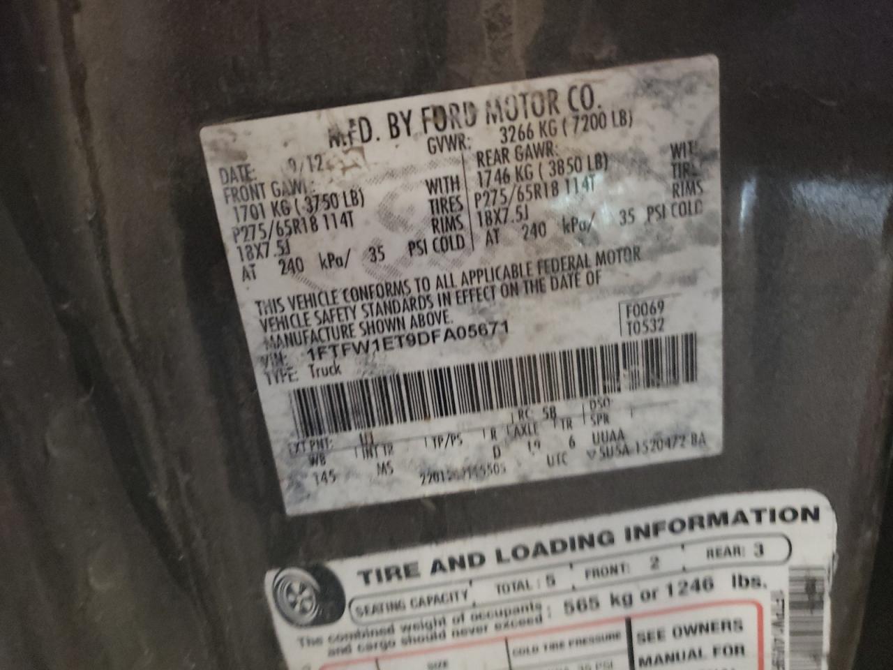 2013 Ford F150 Supercrew VIN: 1FTFW1ET9DFA05671 Lot: 80552275