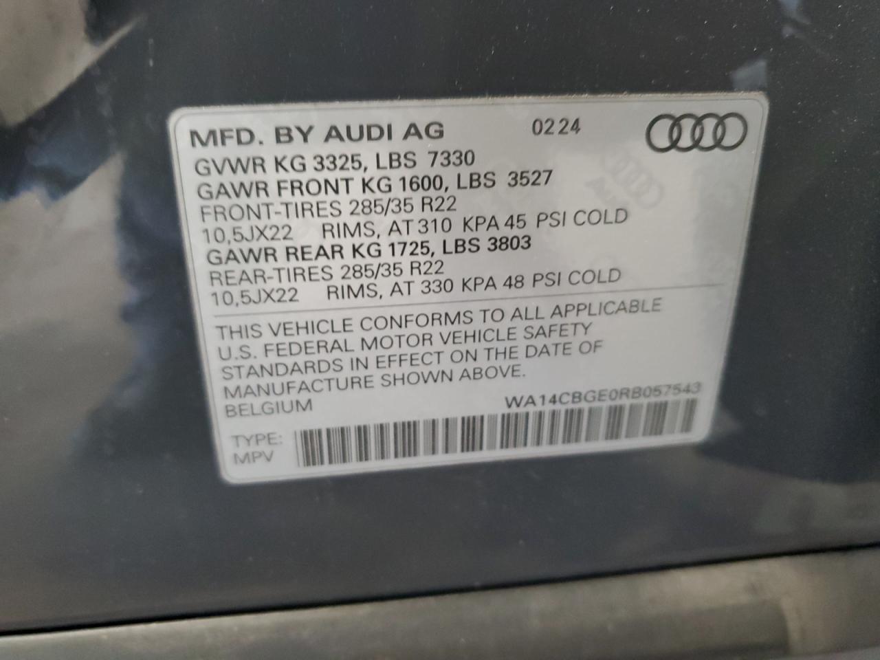 2024 Audi Sq8 E-Tron Premium Plus VIN: WA14CBGE0RB057543 Lot: 80342575