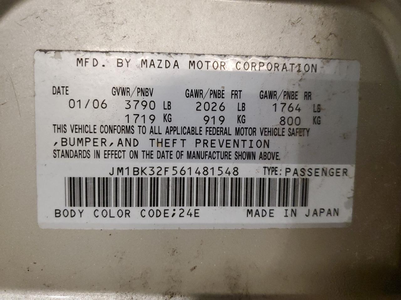 2006 Mazda 3 I VIN: JM1BK32F561481548 Lot: 70279865