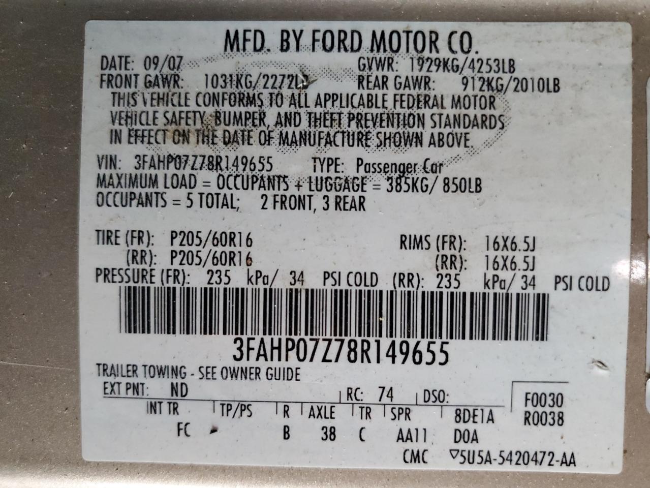2008 Ford Fusion Se VIN: 3FAHP07Z78R149655 Lot: 81338085