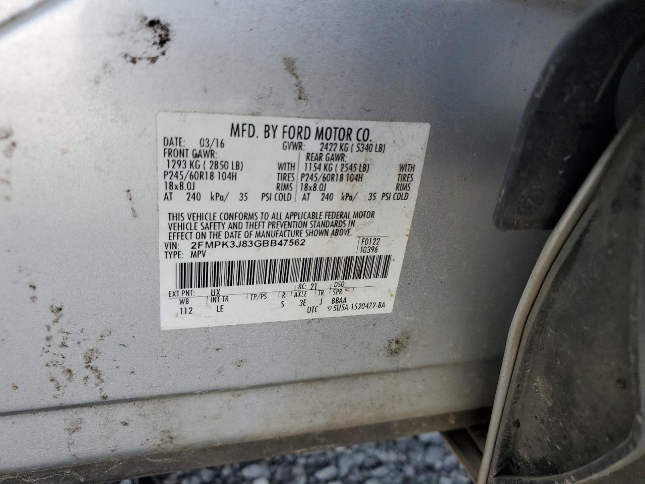 2016 Ford Edge Sel VIN: 2FMPK3J83GBB47562 Lot: 71934005