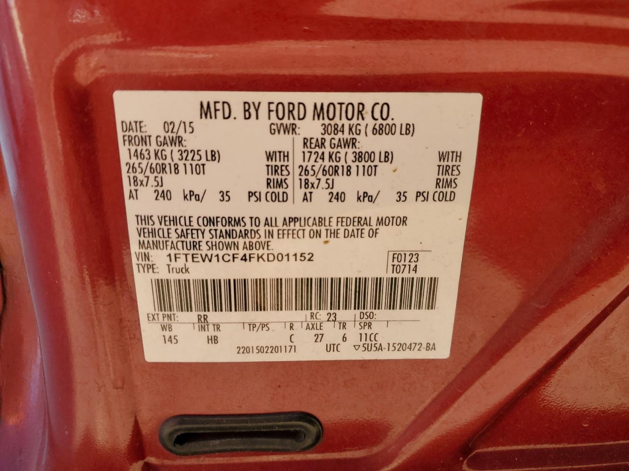 2015 Ford F150 Supercrew VIN: 1FTEW1CF4FKD01152 Lot: 84743185