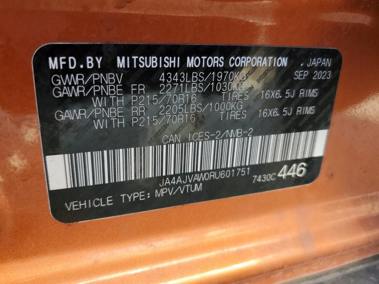 2024 Mitsubishi Rvr Se VIN: JA4AJVAW0RU601751 Lot: 80745775