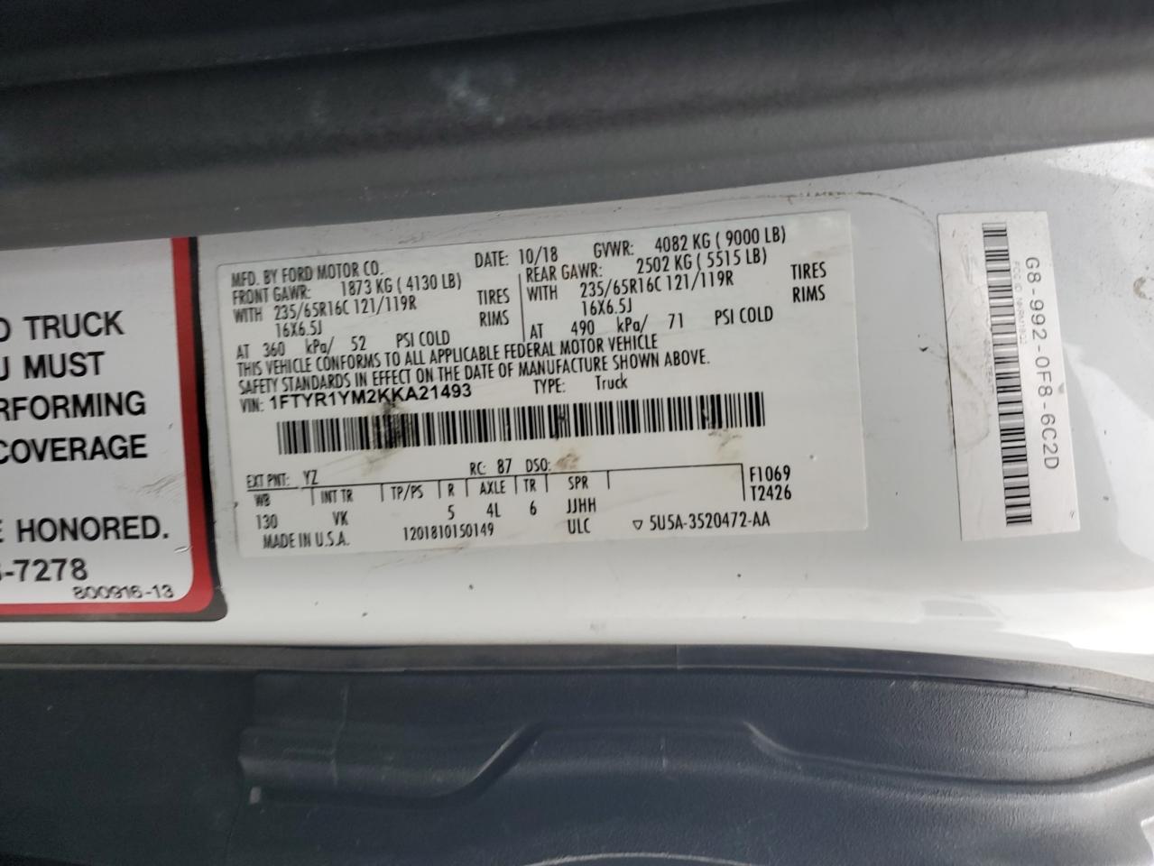 2019 Ford Transit T-250 VIN: 1FTYR1YM2KKA21493 Lot: 84204065