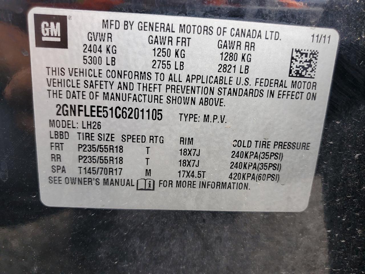 2012 Chevrolet Equinox Lt VIN: 2GNFLEE51C6201105 Lot: 82024725