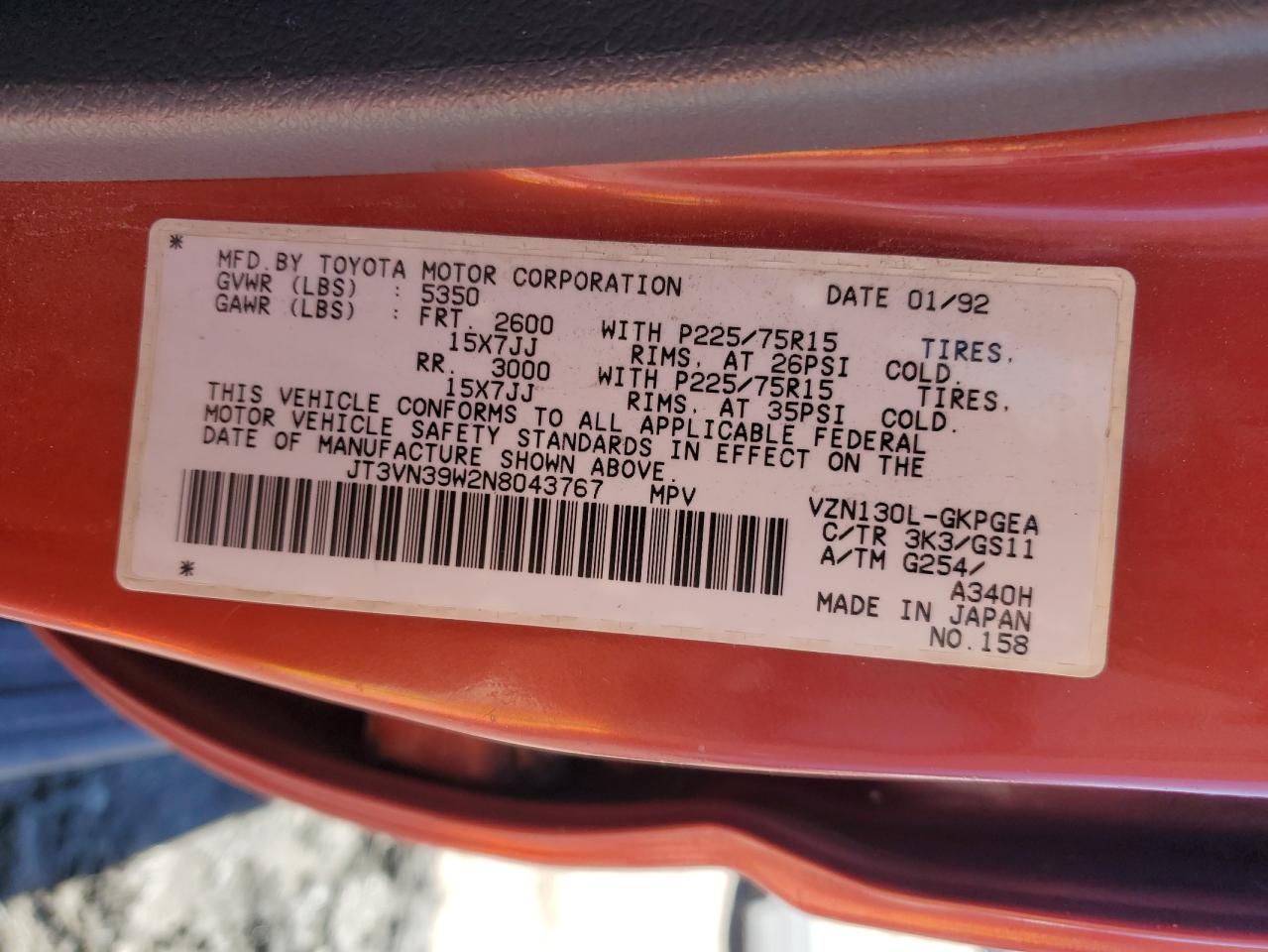 1992 Toyota 4Runner Vn39 Sr5 VIN: JT3VN39W2N8043767 Lot: 83992685