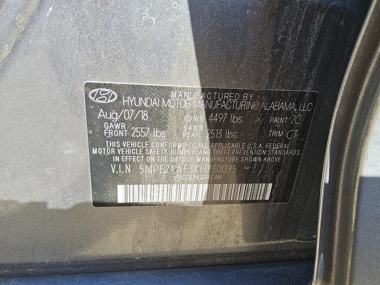 2019 Hyundai Sonata Se VIN: 5NPE24AF3KH730095 Lot: 80335505