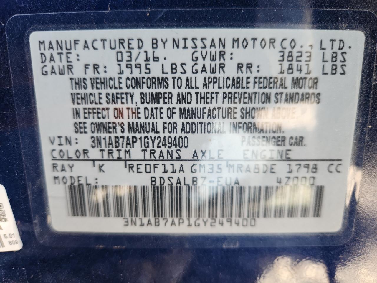 2016 Nissan Sentra S VIN: 3N1AB7AP1GY249400 Lot: 84044705