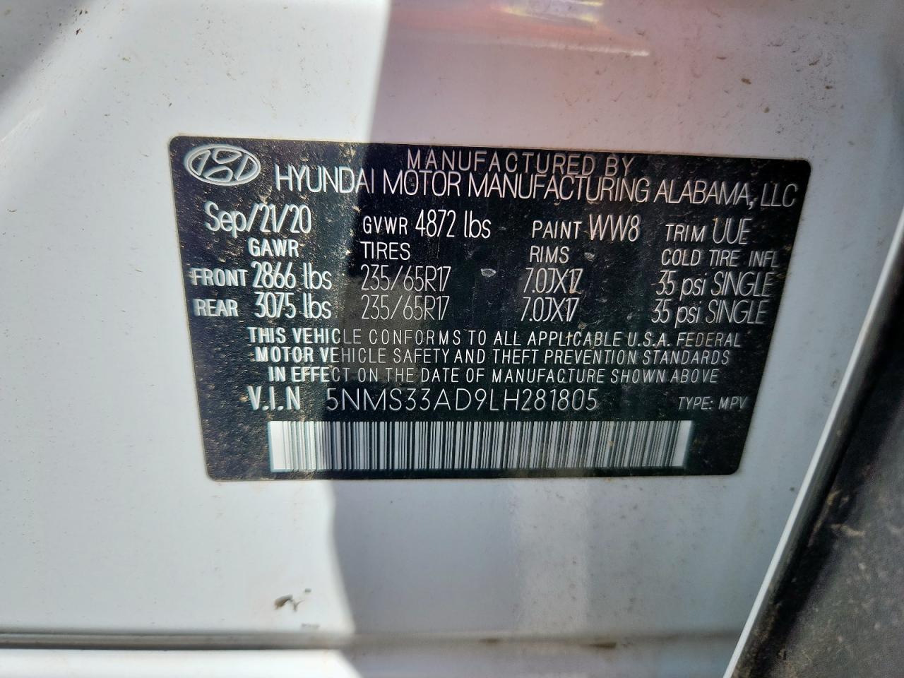 2020 Hyundai Santa Fe Sel VIN: 5NMS33AD9LH281805 Lot: 72010865