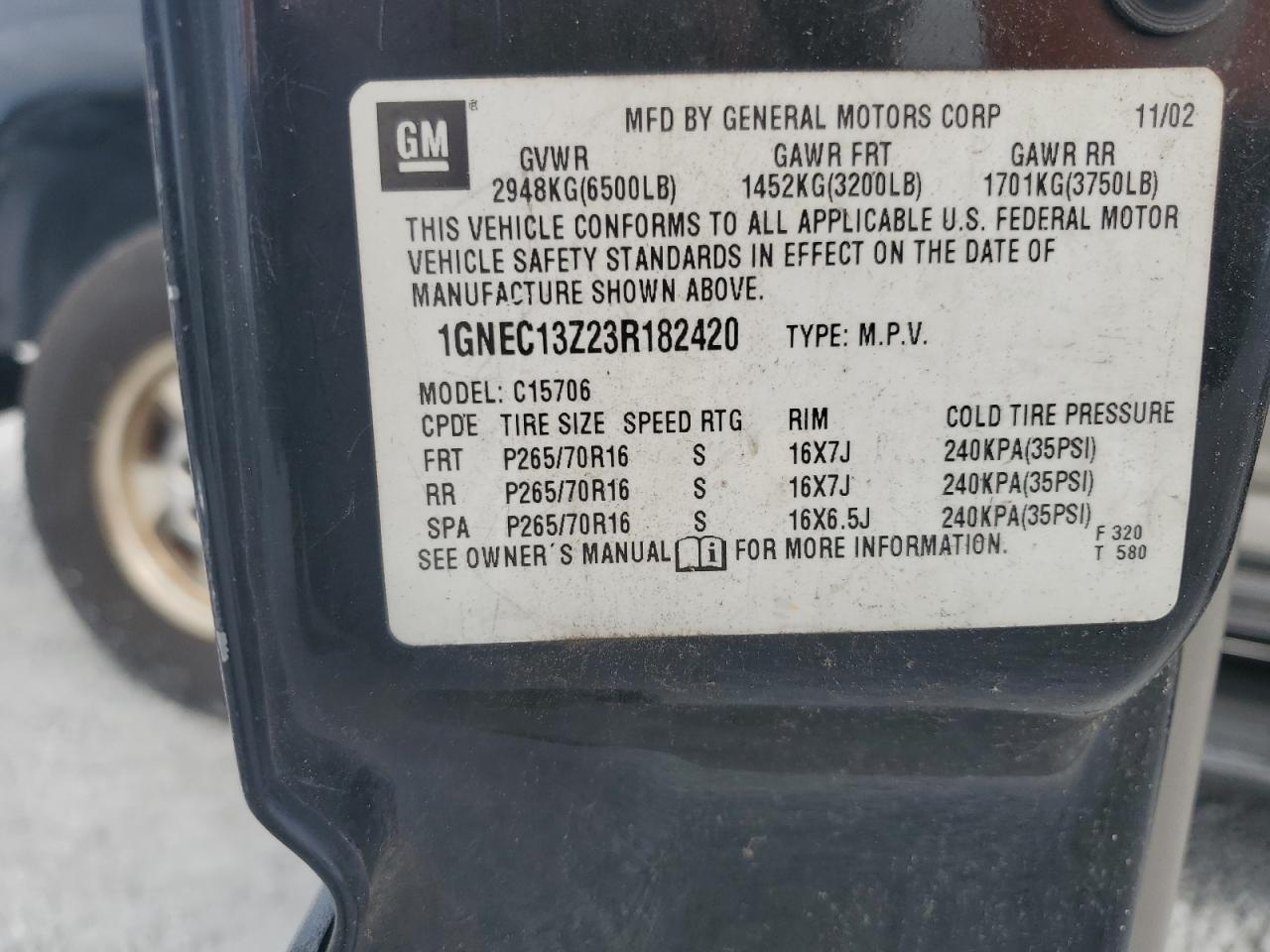 2003 Chevrolet Tahoe C1500 VIN: 1GNEC13Z23R182420 Lot: 80314175