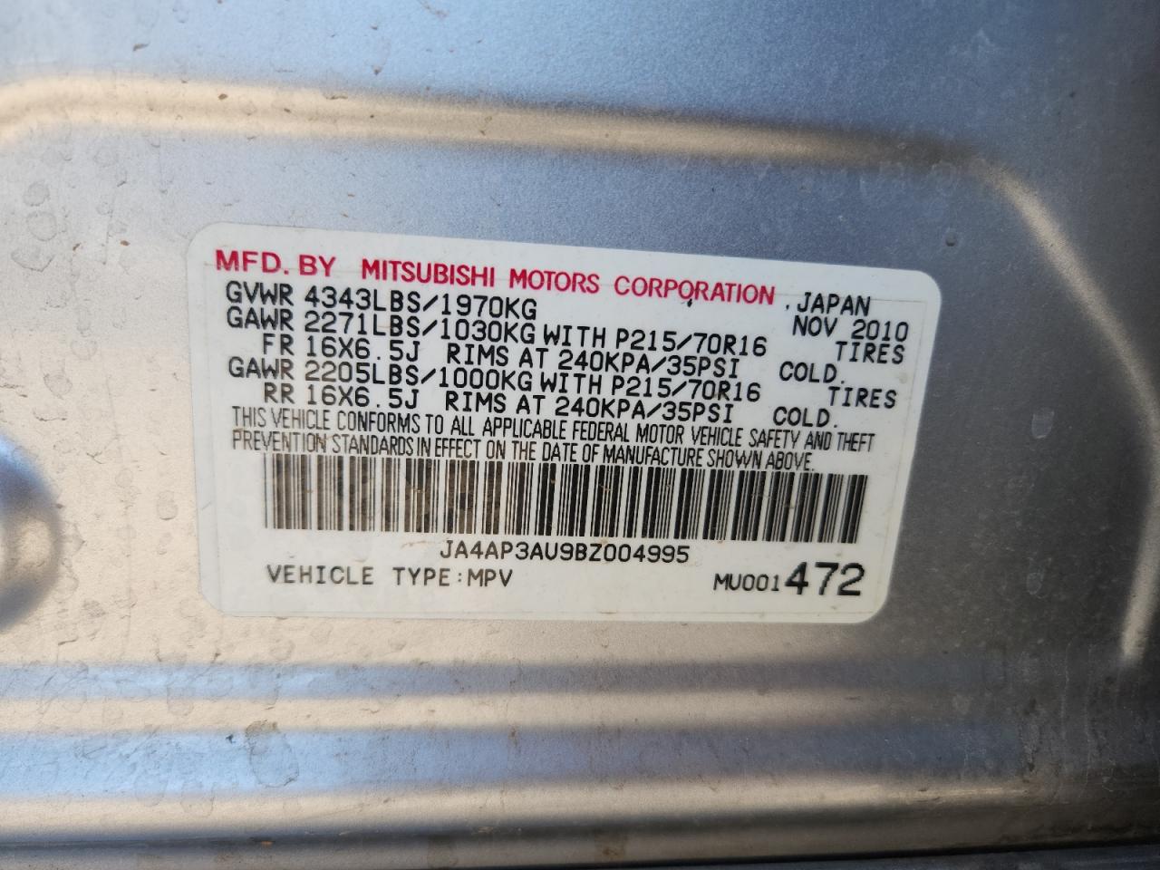 2011 Mitsubishi Outlander Sport Es VIN: JA4AP3AU9BZ004995 Lot: 71289365