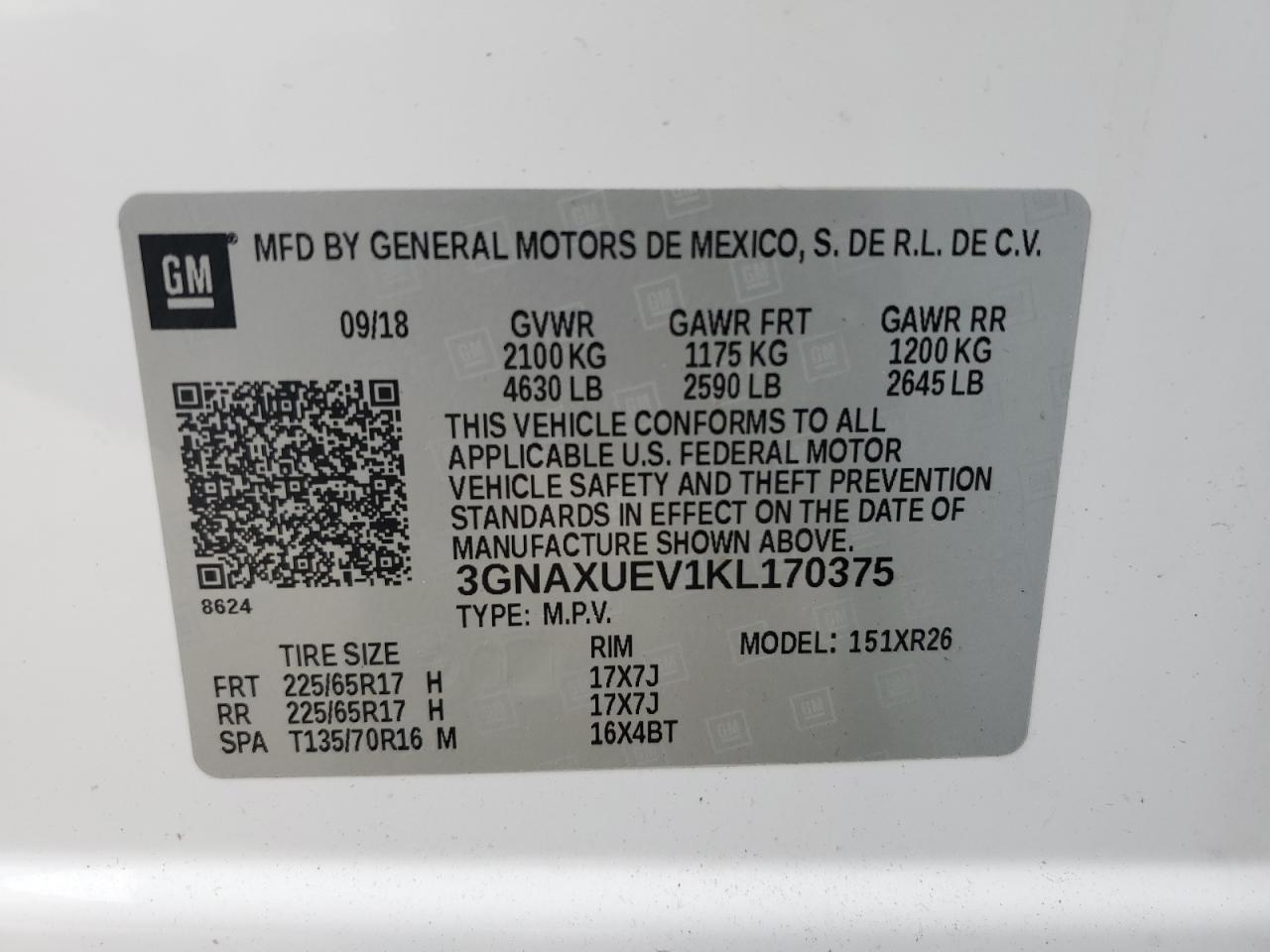 2019 Chevrolet Equinox Lt VIN: 3GNAXUEV1KL170375 Lot: 81666575