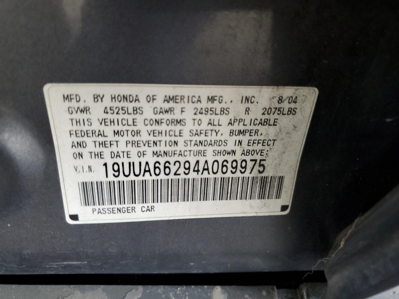 2004 Acura Tl VIN: 19UUA66294A069975 Lot: 71904885