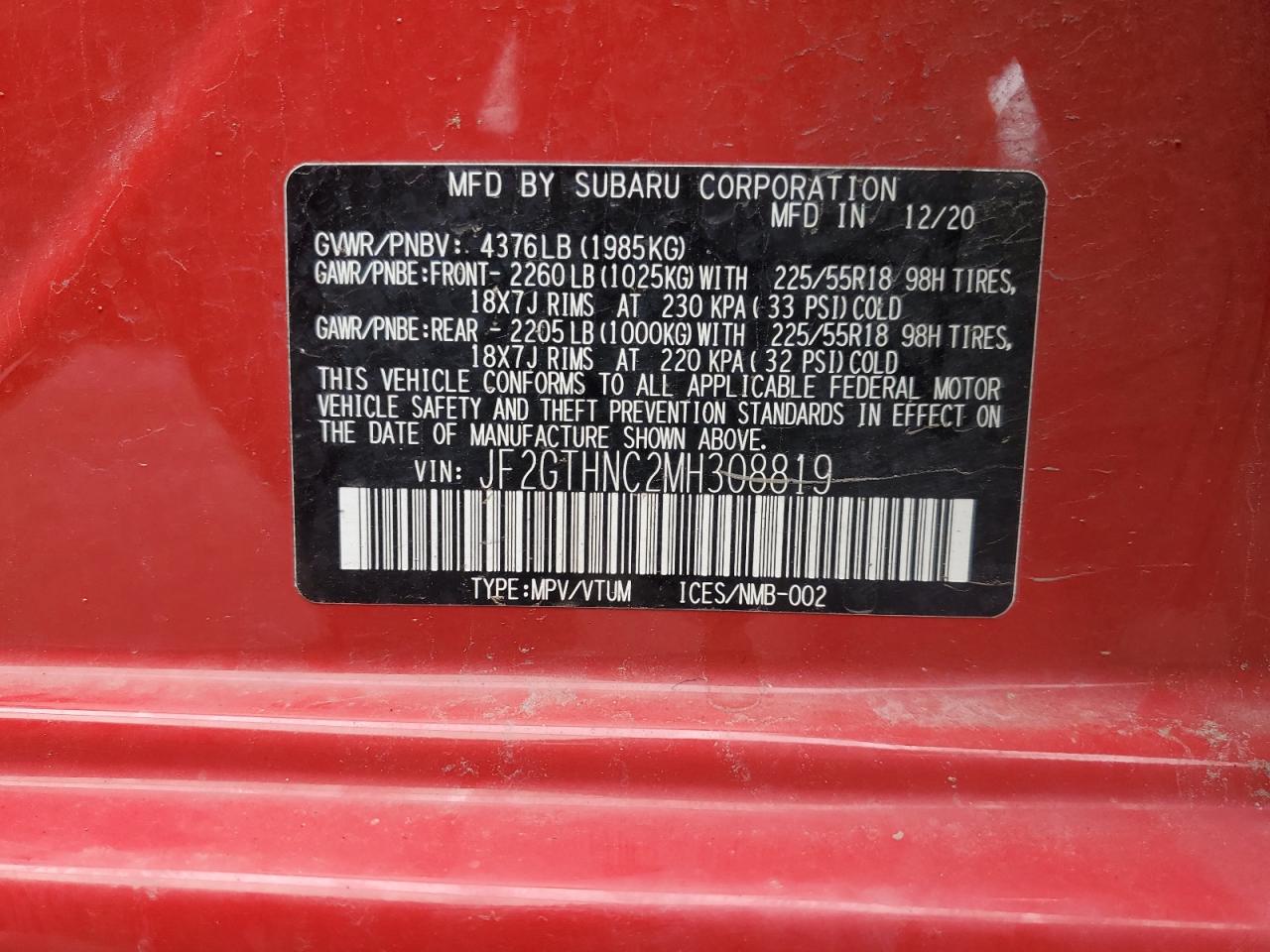 2021 Subaru Crosstrek Limited VIN: JF2GTHNC2MH308819 Lot: 80754525